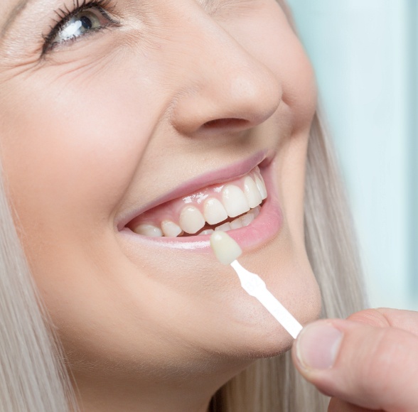 Woman's smile compared with porcelain veneer color option